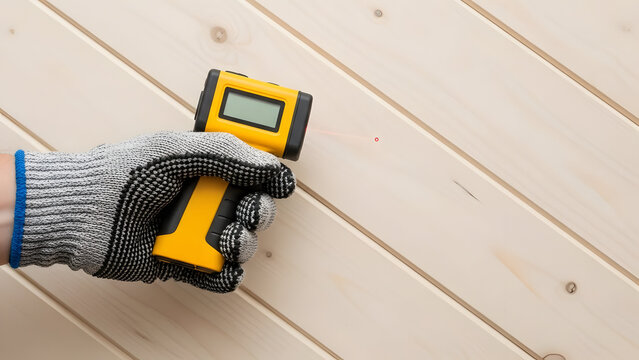 Close-up of a hand using a moisture meter on a light wooden wall, checking for water damage, ideal for home improvement and inspection projects today.