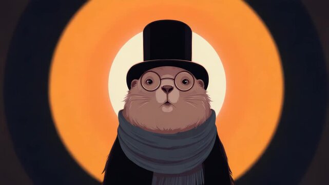 Adorable groundhog in top hat with scarf against glowing circle, symbolizing hope and tradition on groundhog day