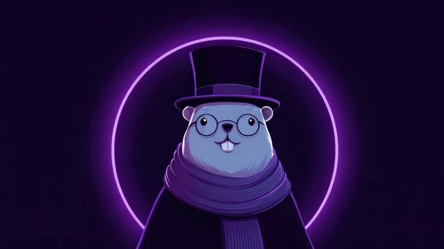 Charming groundhog with glasses and top hat in neon glow against purple background celebrating groundhog day tradition