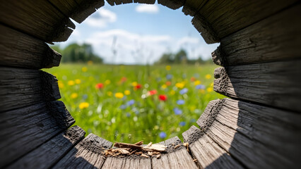 Obraz premium Capture the essence of nature's beauty with this enchanting meadow scene, viewed through a rustic wooden frame, evoking a sense of wonder and tranquility.