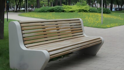 Curved concrete bench with wooden slats in scenic park with flowers and paved walkway