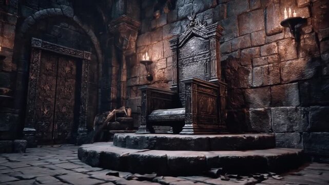 Dim dungeon chamber with a raised throne; torches flicker on ancient stone walls and deep shadows..