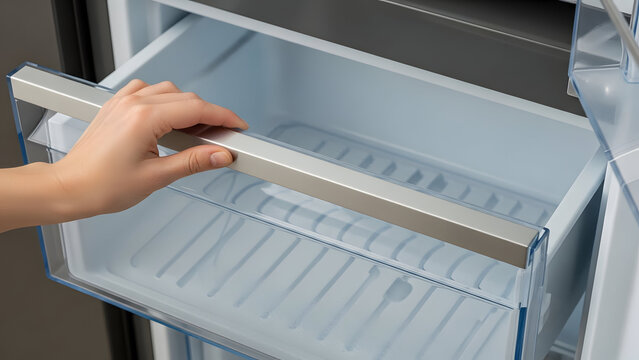 A modern refrigerator's freezer compartment drawer being opened by a hand, showcasing organized food storage and convenience in a kitchen appliance.