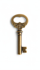 Vintage brass key, high detail engraving, isolated on #ffffff, soft drop shadow, product shot, no text