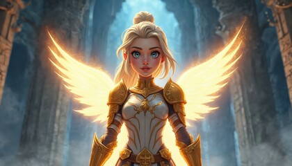 Fototapeta premium Young blonde female warrior in ornate golden armor with glowing wings. She stands in ancient ruins, bathed in divine light. Heroine inspires hope and courage. Character looks strong.