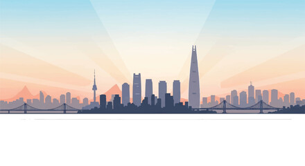 The Seoul skyline at dawn is rendered in a clean, aesthetic 2D flat illustration style, featuring iconic metropolitan architecture bathed in soft sunrise light against a pure white background.