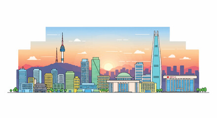 Colorful 2D flat vector illustration of the famous Seoul city skyline illuminated by a vibrant orange and pink sunrise, perfectly isolated on a clean white background.