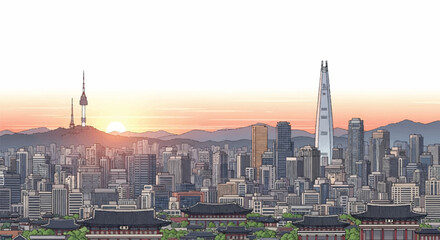 Fototapeta premium A detailed flat 2D vector illustration captures the majestic Seoul city skyline silhouetted against the vibrant colors of an early morning sunrise, isolated on a clean white background.
