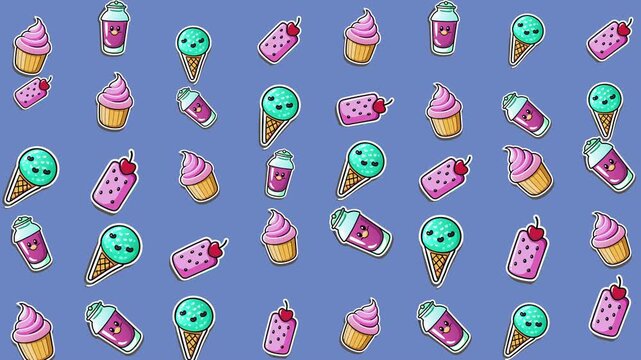 Scattered cute stickers of ice cream and smoothie images suitable for summer designs, crafts, stationery, and digital projects. Cool summer vibes.