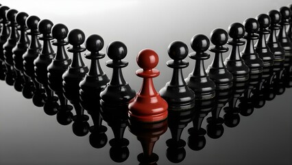 Red chess pawn standing out among black pawns showing leadership and individuality concept