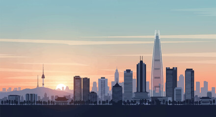 Flat 2D vector illustration of the iconic Seoul skyline rising into the soft light of a beautiful, calm morning sunrise, isolated cleanly against a pure white background.