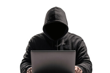 Mysterious hacker working on laptop in dark hoodie, conveying a sense of cybercrime and security threats