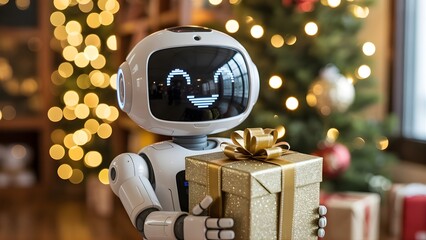 Cute robot holding golden gift box with happy face and festive bokeh background