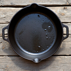 A rustic cast-iron skillet, well-seasoned and slightly oily, isolated on a weathered wooden plank.