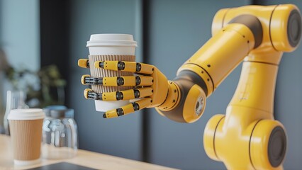 Yellow robotic arm holding coffee cup showing automation in service and tech industries