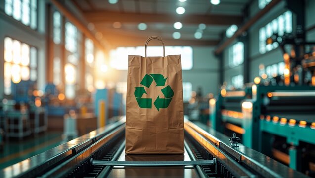 Brown paper bag with green recycling symbol on a conveyor belt in a factory