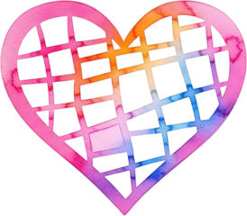 Watercolor heart shape featuring a grid pattern with a vibrant gradient wash of pink orange blue and purple hues throughout the design colorful love symbol valentine romance