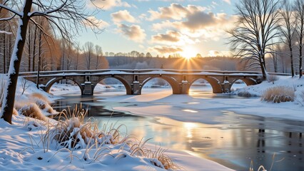 beautiful landscape photograph bridge over river bridge stone has three arches small arch top arches covered snow ice bridge surrounded trees bare branches river below calm reflects sky sun creating