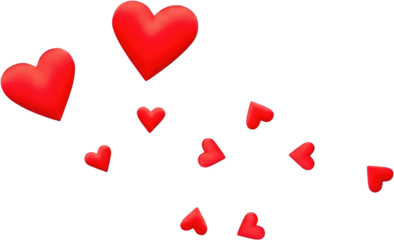 A collection of shiny three dimensional red hearts scattered and floating in various sizes across the frame representing love and romance valentine symbol shape passion affection