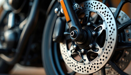 Close-up front wheel motorcycle brake disc assembly. Metal shiny perforated part detail, part of vehicle engineering, showing precision, chrome elements, and safety systems for riders.