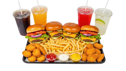 Family size fast food platter with burgers nuggets fries and assorted soft drinks isolated on white background