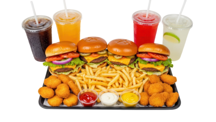 Family size fast food platter with burgers nuggets fries and assorted soft drinks isolated on white background