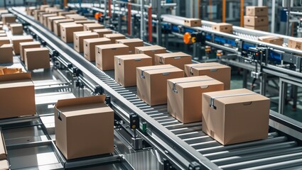 Fototapeta premium Automated conveyor belt system moving cardboard boxes in a modern warehouse