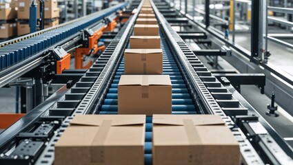 Fototapeta premium Automated conveyor belt system moving cardboard boxes in a modern warehouse