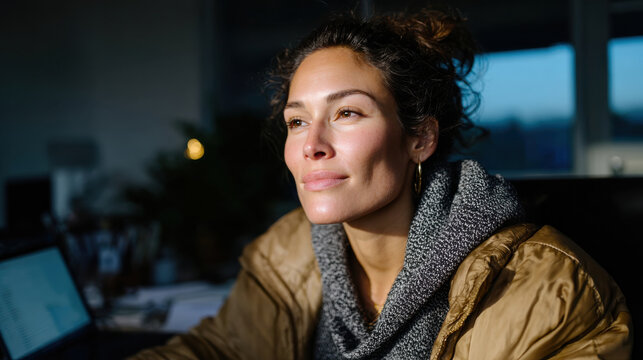 A contemplative woman gazes thoughtfully out of a window, embodying serenity and introspection in a cozy indoor setting illuminated by natural light. - Powered by Adobe