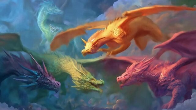 Vivid dragon-like beasts soar across a misty sky, scaly bodies glowing with fire and color and glow