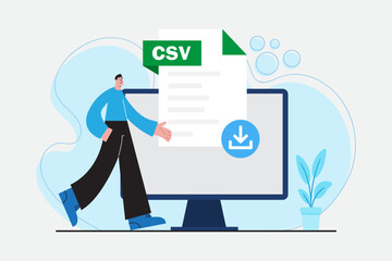 CSV File Download Concept Illustration with Businessman and Computer Screen, Data Export and Spreadsheet Format