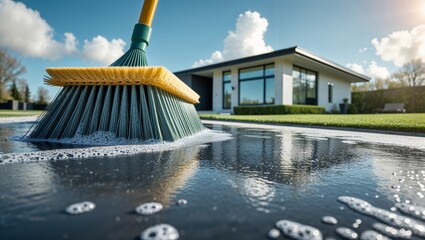Broom cleaning a driveway with soap suds in front of a modern house