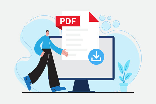 PDF File Download Illustration with Businessman and Computer Screen, Digital Document and Business Report Concept