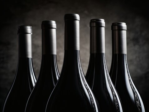 Artistic Wine Bottle Arrangement, Close-Up Side View, Dramatic Backlighting, f/2.8 Aperture, Dark Moody Background