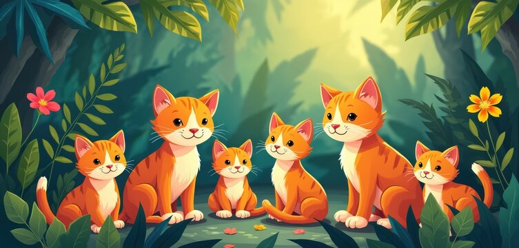 Several orange tabby cats sit together surrounded by rich green jungle foliage, colorful flowers. Appear calm, content in soft dappled sunlight filtering through leaves. Family of felines enjoys - Powered by Adobe