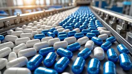 Pharmaceutical production line with rows of blue and white capsules moving forward