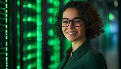 Smiling woman with glasses stands in server room. She works with tech hardware for data center operations. Female IT pro is happy near