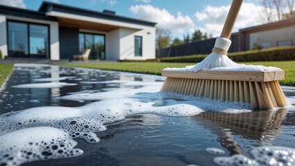 Cleaning a modern house pathway with a bristly broom and soapy water