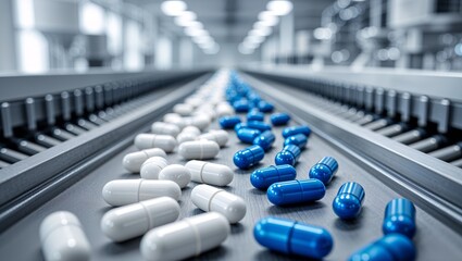 Pharmaceutical capsules moving on a conveyor belt in a modern manufacturing facility