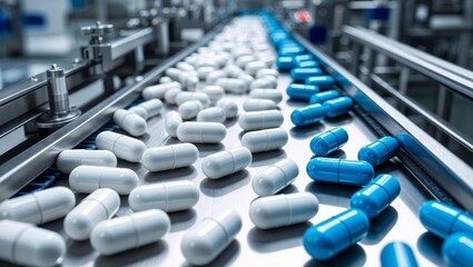Pharmaceutical capsules moving on a conveyor belt in a modern manufacturing facility