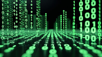Abstract digital data stream with glowing green binary code forming a futuristic cityscape