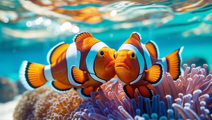 Two clownfish swim closely together amidst vibrant coral reef and anemone