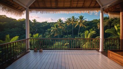 Balcony view of lush tropical rainforest with palm trees and clear blue sky