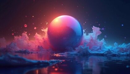 Abstract sphere floats in surreal cloudscape above reflective water surface. Vibrant pink and blue light emanates from orb, creating dreamy atmosphere. Multiple small bubbles drift around.