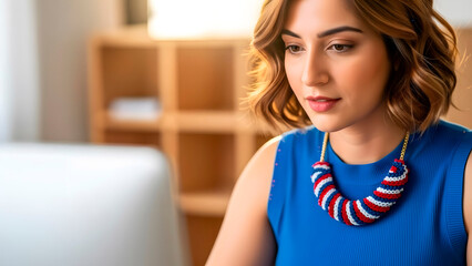 Beautiful woman with stylish knitted necklace looking at computer screen.
