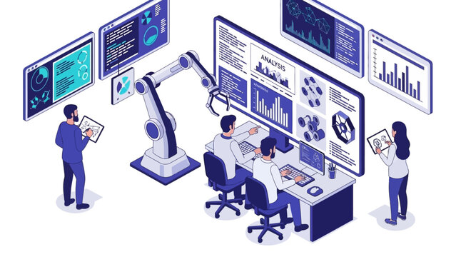 Futuristic data analysis lab with ai and robotics in isometric design