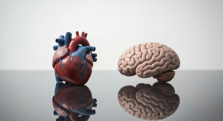Anatomical models of heart and brain on reflective surface, white background