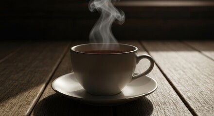 A steaming cup sits on a saucer atop a wooden surface
