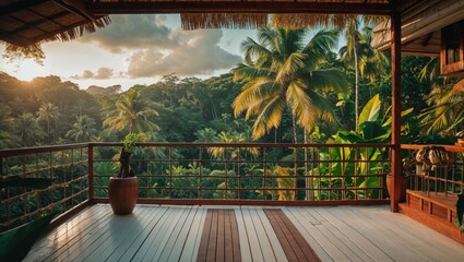Tropical balcony view overlooking lush rainforest canopy at sunset with palm trees