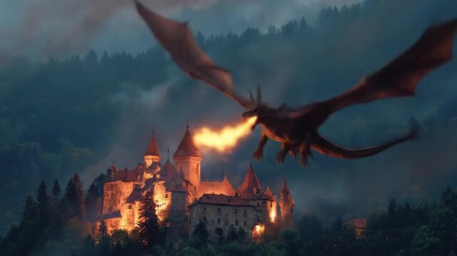 Dragon glides over a glowing medieval castle amid foggy pines at twilight with torches on ramparts.!